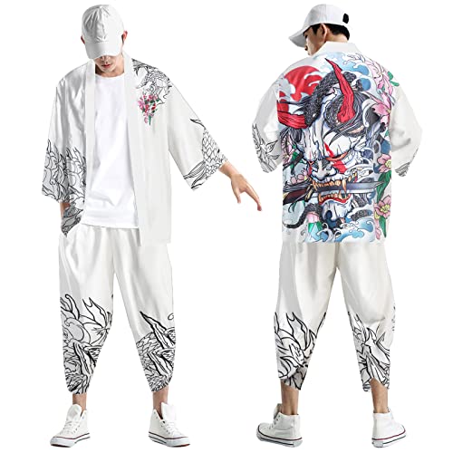 IFOUNDYOU Herren Kimono Sommer 3/4 ärmel Komplett Set Cardigan und Haremhose Freizeitanzug Urlaub Strand Outfit Muster Japan 2 Teiliges Kimono Shirt Capri Hose Suit Locker Leger Zweiteilig Anzug von Generic