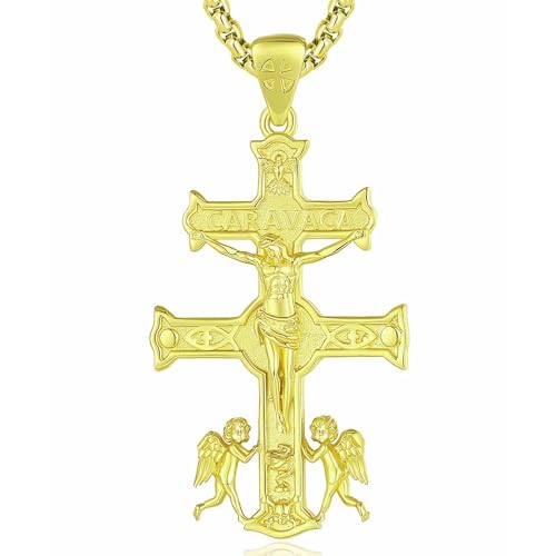 INFUSEU Caravaca Kreuz Kette, Heidnische Medaille Schutzpatron Gold Anhänger Christlicher Glaube Religiöser Spanischer Schutz Göttlicher Schmuck Amulett Geschenke für Männer Frauen von INFUSEU