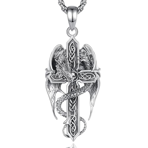 INFUSEU Drachen Kette, Wikinger Kreuz Halskette für Männer Frauen 925 Sterling Silber Drachenschwert Kreuz Anhänger Gotischer Wikinger Schädel Keltischer Schmuck Geschenke für Jungen Mädchen von INFUSEU