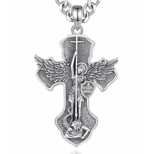 INFUSEU St Michael Kette, St. Michael Erzengel Anhänger Halskette 925 Sterling Silber Religiöse Herrenkreuz Schmuck Mit Kriegerengel Schutzpatron Saint Medaille für Männer Frauen von INFUSEU