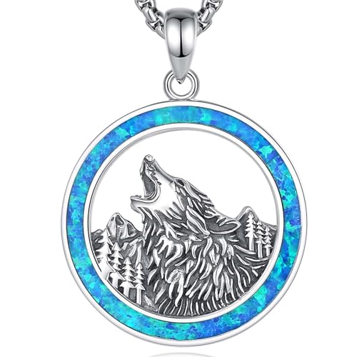 INFUSEU Wolf Kette, 925 Sterling Silber Tierliebhaber Anhänger Talisman Schmuck Wikinger Wolfskopf Wolf Totem Amulett Blauer Opal Anhänger Odins Wölfe Medaillon Geschenke für Frauen Herren von INFUSEU