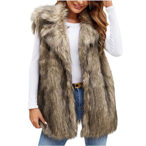 Imitation Fellweste Damen Plush Long Faux Pelzmantel Einfarbige Dicke Warme Weste Ärmellos Lapel Kunstpelze Mantel Kuschelig Winterjacke Fleecejacke Übergangsjacke Teenager Mädchen Winterweste von Generic
