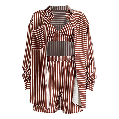 Indoor-Kostüm Dreiteiliger Einreiher mit langen Ärmeln Hemd Shorts modischer Freizeitanzug Damen Freizeitbekleidung (Brown, S) von Generic