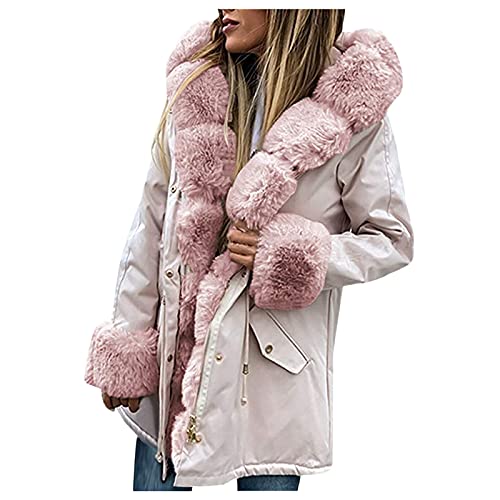 Innen mit Kapuze Fleece Warm Damen Reißverschluss Jacke Mantel Mode Kordelzug Winter Winterjacke Gepolsterter Hoodie Mantel Slim Kunstfell Damen Mantel Damen Shirt, beige, 54 von Generic