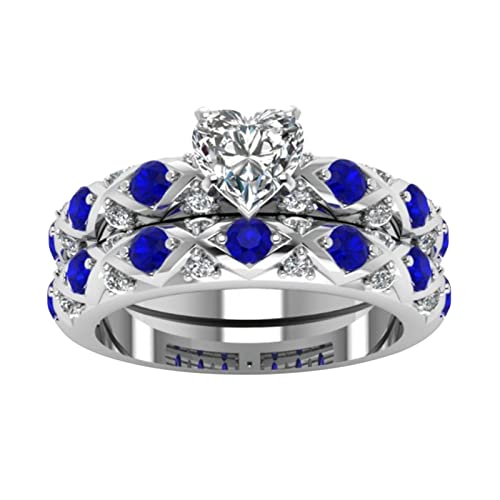 Intarsien Zirkon Full American European Diamonds Micro Intarsien Muster Pfirsich Ring Paar Diamanten Herz und Ringe Niedlicher Ring für Teenager Mädchen, blau, 11 von Generic