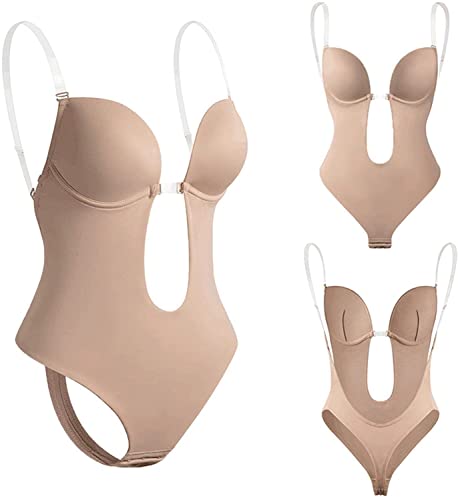 Invishaper - Plunge Damen BH RüCkenfreie Body Tiefen RüCkenausschnitt, Shapewear Formende Bodys Bodysuit mit Haken Shaping Unterwäsche Rückenfreier BH Tiefer V Ausschnitt (Beige, M) von Generic