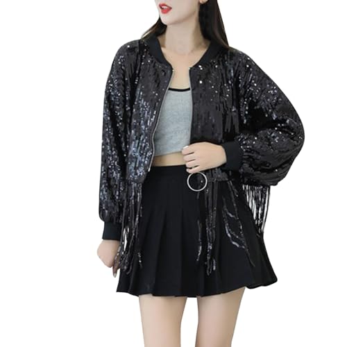 Jacke Damen, Damen Glitzer Jacke Metallic Reflektierend Holographic Bomberjacke mit Fransen Langarm Reißverschluss Sweatjacke Techno Party Oberteil Mädchen Karneval Kostüm Rave Festival Outfit von Generic