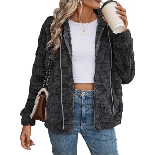 Jacke Damen Damen Fleecejacke Übergangsjacke Oversize mit Reißverschluss für Herbst Wintermantel Warm Kuscheljacke Kapuzenjacke L Dark Gray von Generic