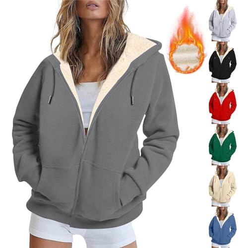 Jacke Damen Kapuzenjacke Teddy Pullover Damen Teddyfutter Hoodie Sweatjacke Damen mit Kapuze Fleece Pullover Damen Winter Warm Wolljacke Kapuzenpullover Gefüttert Fleecejacke(A1-Dunkelgrau,M) von Generic