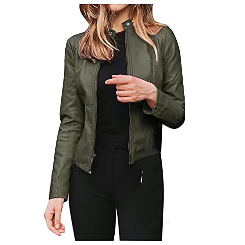 Jacke Damen Kurze Kunstlederjacke Bikerjacke mit Reißverschluss Lederjacke Frauen Kunstlederjacke mit Zip Herbst Frühling Kunstleder Motorradjacke Coat, T01 Army Green, M von Generic