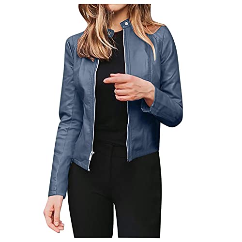 Jacke Damen Kurze Kunstlederjacke Bikerjacke mit Reißverschluss Lederjacke Frauen Kunstlederjacke mit Zip Herbst Frühling Kunstleder Motorradjacke Coat, T02 Blue, M von Generic