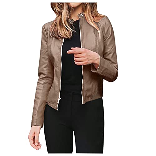 Jacke Damen Kurze Kunstlederjacke Bikerjacke mit Reißverschluss Lederjacke Frauen Kunstlederjacke mit Zip Herbst Frühling Kunstleder Motorradjacke Coat von Generic