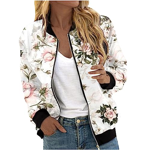 Jacke Damen Leichte Bomberjacke Sweatjacke Reißverschluss Übergangsjacke Freizeitjacke Elegant Blumenmuster Damenjacke Casual Motorradjacke College Langarm Jacke Damenbekleidung für Herbst Winter von Generic