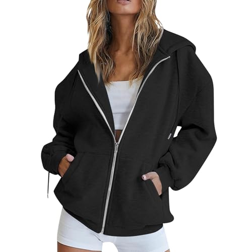 Jacke Damen Sommer Kapuzenpullover Für Hoodie Y2K Einfarbig Basic Langarm Kapuzenjacke Mit Reißverschluss Oversize Hoodies Freizeit Übergangsjacke Pullover Herbst Lange Sweatjacke von Generic