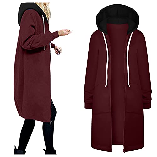 Jacke Damen Trenchcoat Langer Herbst Winter Mantel Trenchcoat Warm Slim Langer Jacken Overcoat Oberbekleidung Mode Einfarbig Reißverschluss Damenmantel Wollmantel Windjacke (4-Wine, XXL) von Generic