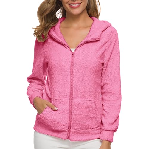 Jacke Damen Winter Damen Winter Einfarbig Tasche Reißverschluss Plüsch Fleece Kapuze Langarm Warm Mode Sweatshirt Jacke Pullover in Kastenform (Hot Pink, XL) von Generic