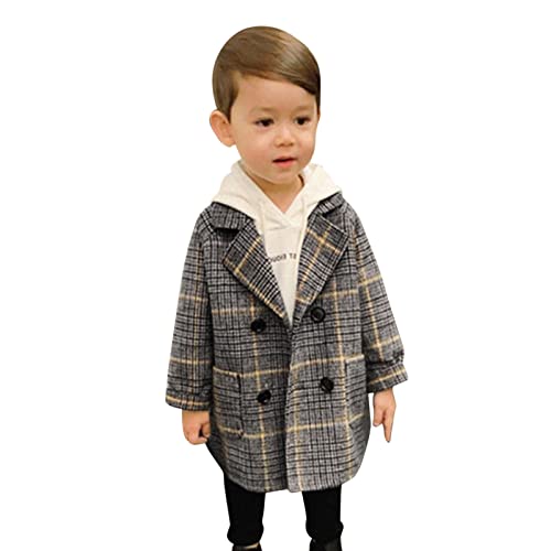 Jacken für Jungen Zweireihige gekerbte Baby-Brust-Jacke Jungen-Mantel Eleganter Kinder-Wollkragen-Plaid-Mantel-Mantel-Kleinkind-Trenchcoat-Jungen-Mantel und Jacke (Grey, 18-24 Months) von Generic