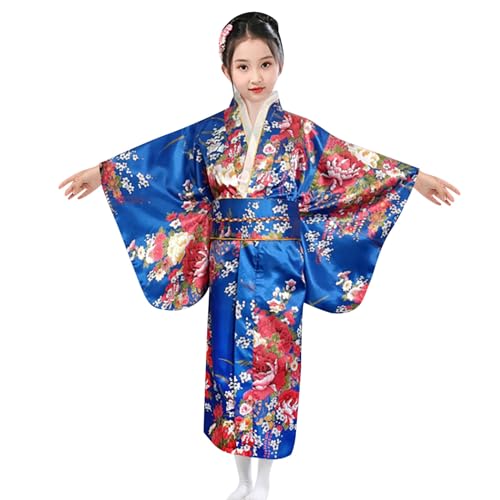 Japanische Kimono Kinder Kleidung Seide Stoff Robe Hochzeitskleidung Party Performance Kleid Kinder Seidig Satin Kimono Robe Kimono Set Dienstmädchen Outfit Kostüme Im Japanischen (B Blue, 9-10 Years) von Generic