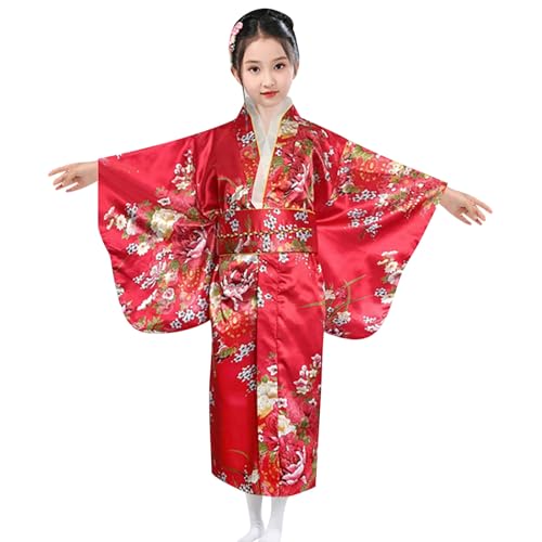 Japanische Kimono Kinder Kleidung Seide Stoff Robe Hochzeitskleidung Party Performance Kleid Kinder Seidig Satin Kimono Robe Kimono Set Dienstmädchen Outfit Kostüme Im Japanischen (B Red, 9-10 Years) von Generic