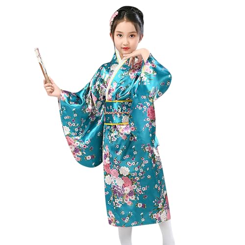 Japanische Kimono Kinder Kleidung Seide Stoff Robe Hochzeitskleidung Party Performance Kleid Kinder Seidig Satin Kimono Robe Kimono Set Dienstmädchen Outfit Kostüme Im Japanischen (C Blue, 9-10 Years) von Generic