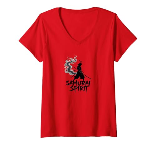 Japanische Samurai Spirit Warrior Kunst für Männer T-Shirt mit V-Ausschnitt, Damen, Rot, M von Generic