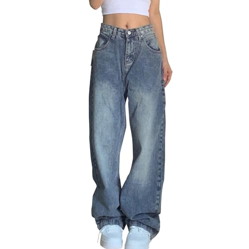 Jeans Baggy Damen Damen Jeans mit geradem Bein und niedriger Taille, einfarbig und gewaschen, lockere Freizeithose mit weitem Bein Jeans Skinny Damen Stretch Damen Weite Jeans (Blue, L) von Generic