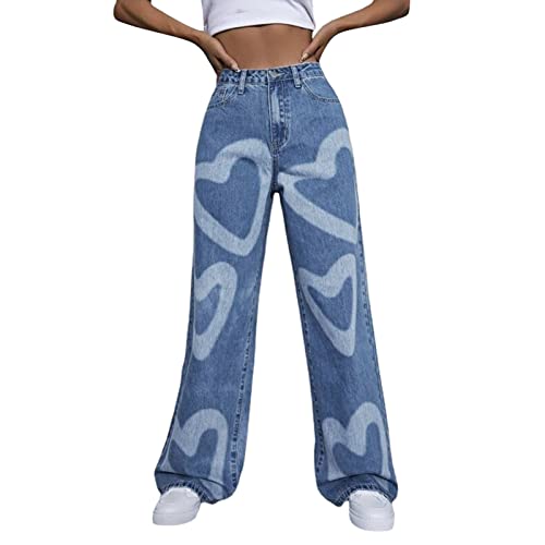 Jeans Damen, Damen Schlaghose Vintage Herzen Drucken Streetwear Hohe Taille Jeanshose Baggy Weite Beine Hose Straight Leg Hose Lange Haremshose Sommer Freizeithosen Teenager Sommerhose von Generic