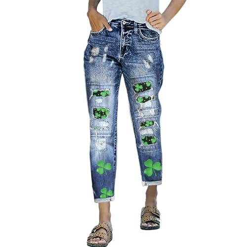 Jeans Damen, St Patrick's Day Damen Jeanshose Leggings Mit Taschen Hosen Kleeblattdruck Lang Sporthose Jogginghose Trendiges Design Fitness Laufen Aktive Freizeithose Sporthose Jeanshosen von Generic