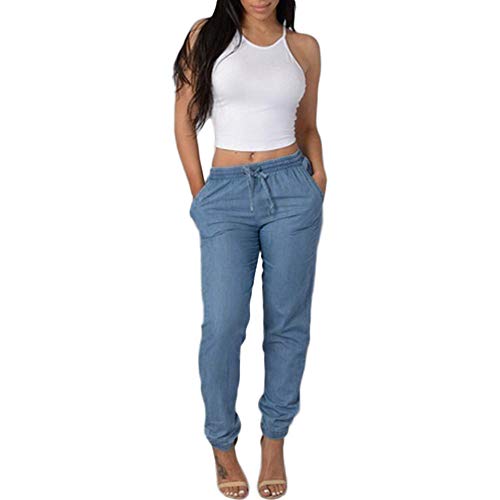 Jeans Damen,Vintage Streetwear Jeanshosen Sommer Straight Baggy Sommerjeans High Waist Denim Hose mit Taschen Jeans Leichte Bequem Haremshose Stretch Drawstring Hosen Harajuku Jeanshose von Generic