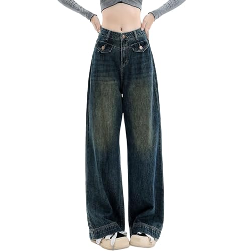 Jeans Damen Baggy Boyfriend Y2k Jeanshose Low Waist Cargo Jeans Gerade Breites Bein Denim Hosen Teenager Mädchen Streetwear von Generic