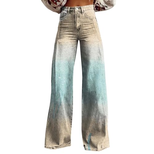 Jeans Damen High Waist Wide Leg - Jeanshose Blumenmotiv Denimhose Zweifarbig Röhrenjeans Jeansoptik Palazzo-Hose Flared Freizeithose Bootcut Stretch-Hosen Boyfriend Streetwear von Generic