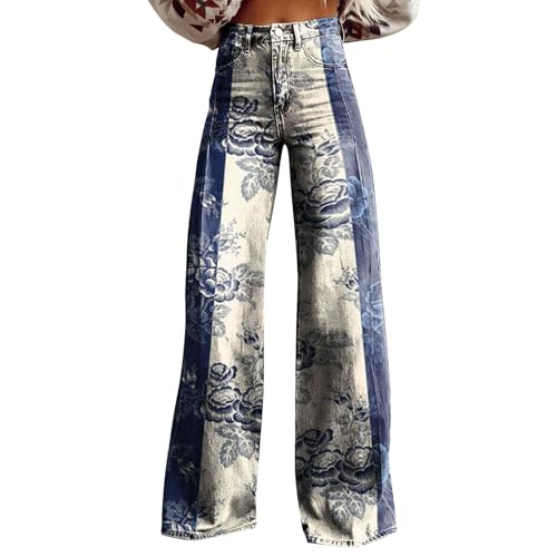 Jeans Damen High Waist Wide Leg - Jeanshose Blumenmotiv Denimhose Zweifarbig Röhrenjeans Jeansoptik Palazzo-Hose Flared Freizeithose Bootcut Stretch-Hosen Boyfriend Streetwear von Generic