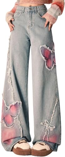 Jeans Damen high Waist Schmetterling Patchwork Gerade Baggy Hosen，Grunge Clothes y2k Streetwear Coole Klamotten für mädchen (Rosa,S) von Generic