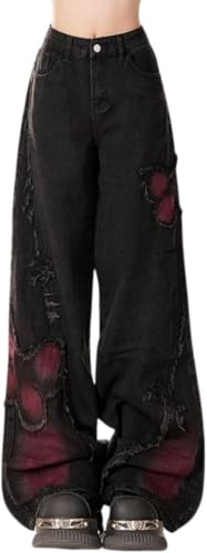 Jeans Damen high Waist Schmetterling Patchwork Gerade Baggy Hosen，Grunge Clothes y2k Streetwear Coole Klamotten für mädchen (Schwarz,S) von Generic