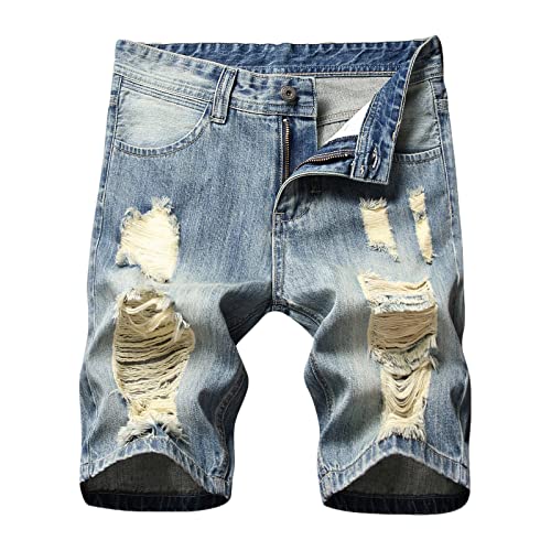 Jeans Herren Regular Fit Shorts Vintage Distressed Jeansshorts Denim Stretch Freizeithose Sommer Jeanshose Große Größen Kurz Hose Destroyed Jeanshosen mit Taschen Cargohose für Männer von Generic