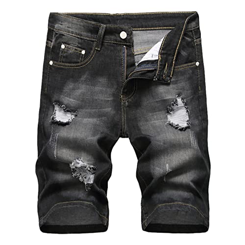 Jeans Herren Regular Fit Shorts Vintage Distressed Jeansshorts Denim Stretch Freizeithose Sommer Jeanshose Große Größen Kurz Hose Destroyed Jeanshosen mit Taschen Cargohose für Männer von Generic