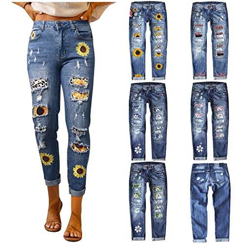 Jeans Hose Damen High Waist Jeanshose Bedruckte Jeans Mädchen Blumen Gerader Schnitt Straight-Fit Jeans Stretch Pants Patch Torn Denim Skinny Hosen (as3, Alpha, xx_l, Regular, Regular, Grün) von Generic