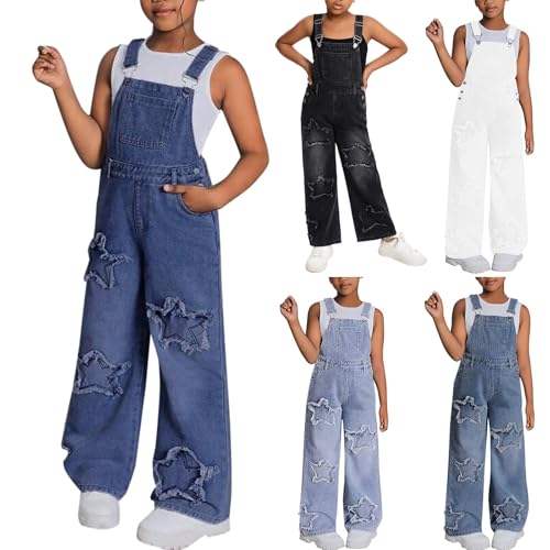 Jeans Jumpsuit Mädchen Stern Stickerei Y2k Jeanslatzhose Hip Hop Denim Overall Latzhose mit Taschen Kinder Mädchen Weite Bein Ärmellos Romper Playsuit (Blue, 13-14 Years) von Generic