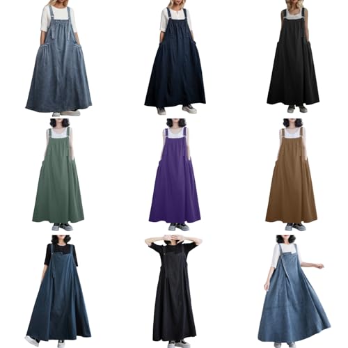 Jeans Latzkleid Damen Jeanskleid Damen Knielang Loose Trägerkleid Hohltaschenkleid mit Taschen Lose Latzrock Lang Trägerrock Elegant Knielang Jeansrock Overall Volant Jeanskleid (01-Blue, XXL) von Generic