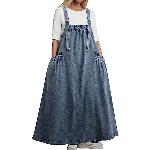 Jeans Latzkleid Damen Jeanskleid Damen Knielang Loose Trägerkleid Hohltaschenkleid mit Taschen Lose Latzrock Lang Trägerrock Elegant Knielang Jeansrock Overall Volant Jeanskleid (02-Light Blue, L) von Generic