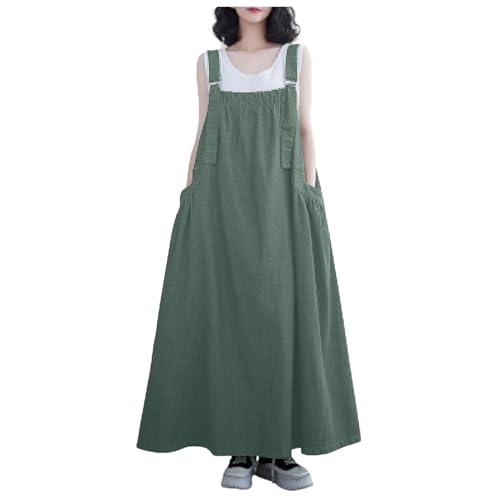 Jeans Latzkleid Damen Jeanskleid Damen Knielang Loose Trägerkleid Hohltaschenkleid mit Taschen Lose Latzrock Lang Trägerrock Elegant Knielang Jeansrock Overall Volant Jeanskleid (04-Green, XXL) von Generic