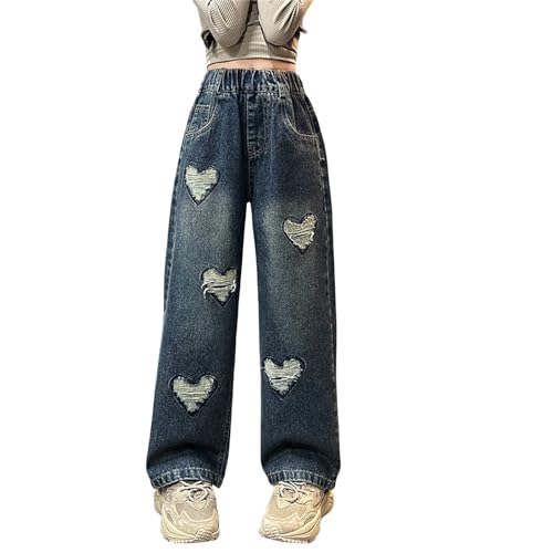 Jeans Mädchen Cool Herz Stern Schleife Sommerhosen Kinder High Waist Weite Bein Trend Jeanhosen Teenager Baggy Gummibund Lässige Vintage Soft Hosen (c-Blue, 10-11 Years) von Generic