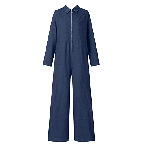 Jeans Overall Damen Jumpsuit Langarm - Hosenanzug Mit Reißverschluss Revers Freizeitanzug Weites Bein Einteiler Jeansoptik Strampler Oversized Y2K Jumpsuits Sportlich Onesie von Generic