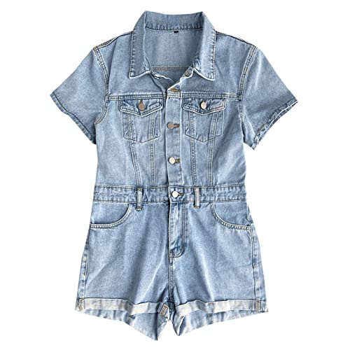 Jeans Overall Damen Kurzarm Latzhose Jeans Kurz Sommer Jumpsuit Jeans Overall Kurzarm Latzhose Casual Playsuits Blau Denim Wasser Waschen Hohe Taille Drehen Unten Kragen Romper von Generic
