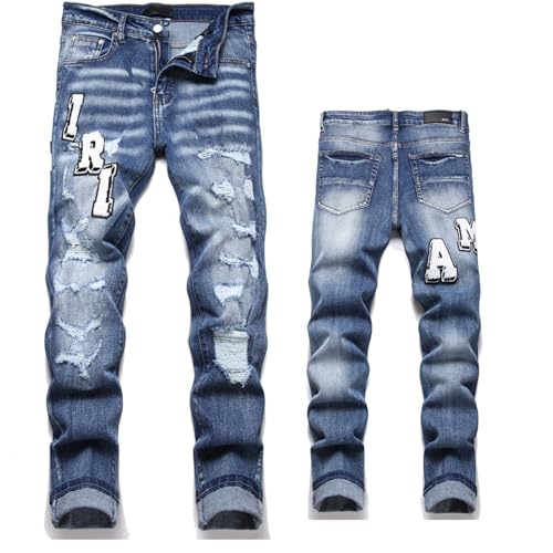 Jeans Regular Straight Fit Denim Hose Destroyed,Jeans Mit Aufwendigen Designs,Blau,38 von Generic
