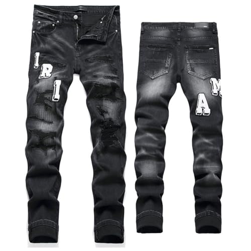 Jeans Regular Straight Fit Denim Hose Destroyed,Jeans Mit Aufwendigen Designs,Schwarz,34 von Generic