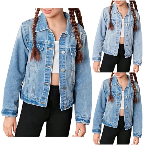 Jeans Revers Jacket Mädchen Y2k Jeansjacke Langarm Denim Jacken 𝗠ode Jeansmantel Leichte Lässige Denim Jacket Übergangsjacke mit Knöpfen (Light Blue, 8-9 Years) von Generic