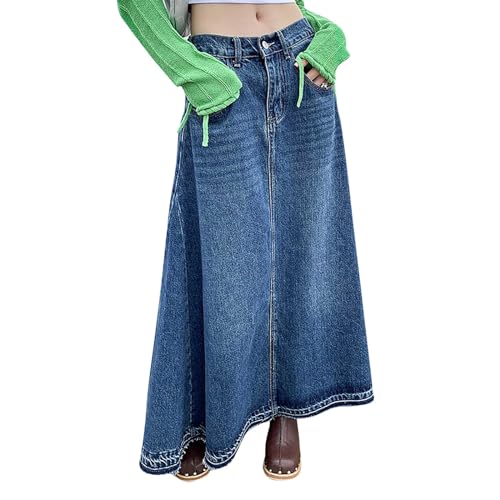 Jeans Rock Damen Lang, Jeansrock Midi, Maxirock Blau A Linie High Waist Röcke mit Taschen Große Größen Wickelrock für Frauen Skirt Swing Einfarbig Freizeitrock Herbstrock Sommerrock Elegant von Generic