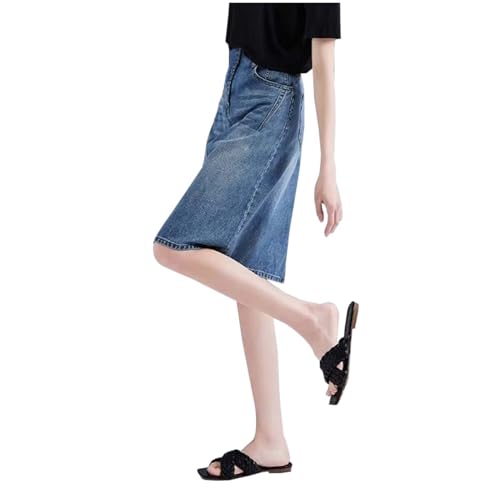 Jeans Rock Damen Midi, Midirock mit Taschen, Jeansrock Blau Knielang High Waist Röcke A Linie Große Größen Wickelrock für Frauen Skirt Swing Einfarbig Freizeitrock Herbstrock Sommerrock Elegant von Generic