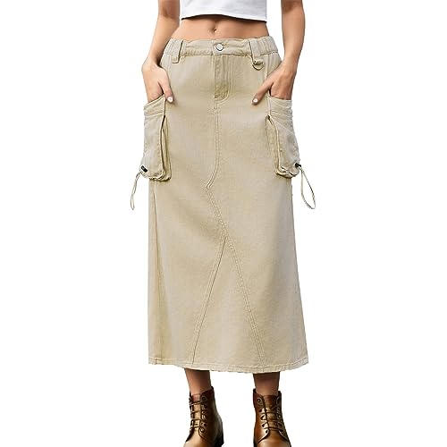 Jeans Rock Damen Midi, Midirock mit Taschen, Jeansrock Schwarz Beige Lang High Waist Röcke Hosenrock Große Größen Wickelrock Frauen Skirt Swing Einfarbig Freizeitrock Herbstrock Sommerrock Elegant von Generic